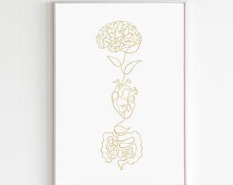 Puede incluir: Una impresión enmarcada con un dibujo lineal dorado del cerebro, el corazón y los intestinos, conectados por un diseño similar a un tallo. La obra de arte está sobre un fondo blanco, creando una estética minimalista. La impresión está dentro de un marco plateado.