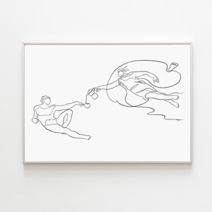 Creation of Coffee Art Print, The Creation of Adam Poster Michelangelo Wall Art Funny Altered Art One Line Drawing Printable Coffee Decor