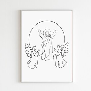 Könnte beinhalten: Eine Schwarzweiß-Linienzeichnung von Jesus, der mit zwei Engeln an seiner Seite in den Himmel fährt.