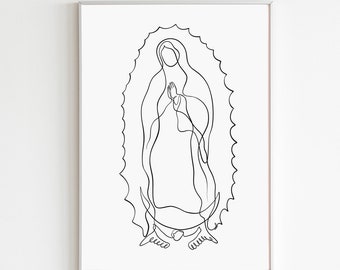 Virgen De Guadalupe Art Print Our Lady Of Guadalupe Line Art Poster Virgin Mary Catholic Poster Christian Religious Home Decor Mexican Faith