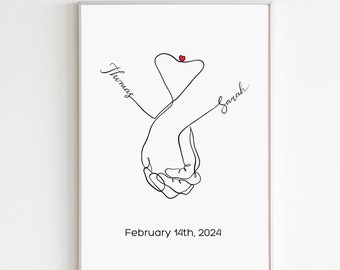 Personalised Couples Printable Valentines Day, Holding Hands Line Art Print, Couples Gift, Customised Couple Gift For Anniversary