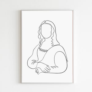 Könnte beinhalten: Ein gerahmter minimalistischer Kunstdruck der Mona Lisa. Das Kunstwerk zeigt eine durchgehende schwarze Strichzeichnung des ikonischen Porträts auf weißem Hintergrund. Der Rahmen ist silber.