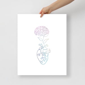 Brain and heart watercolor print, Abstract brain heart poster, Human anatomy art, Medical office decor
