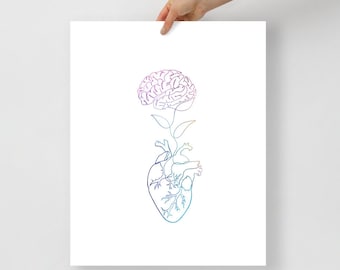 Brain and heart watercolor print, Abstract brain heart poster, Human anatomy art, Medical office decor