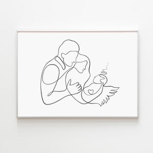 Engel Baby Familie One Line Zeichnung, Kind Verlust Geschenk, druckbare Umriss Kunst Verwandte mit himmlischen Säugling, einfache Konturenskizze Haushalt
