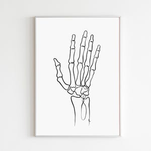 May include: A framed print featuring a minimalist line drawing of a human hand skeleton. The artwork is rendered in black against a white background, showcasing the skeletal structure in a simple, elegant style. The frame is silver.