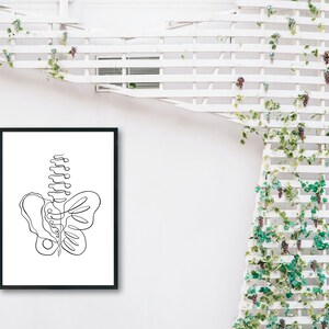 May include: A black framed print with a white background and a single line drawing of a butterfly with a spine in the center.