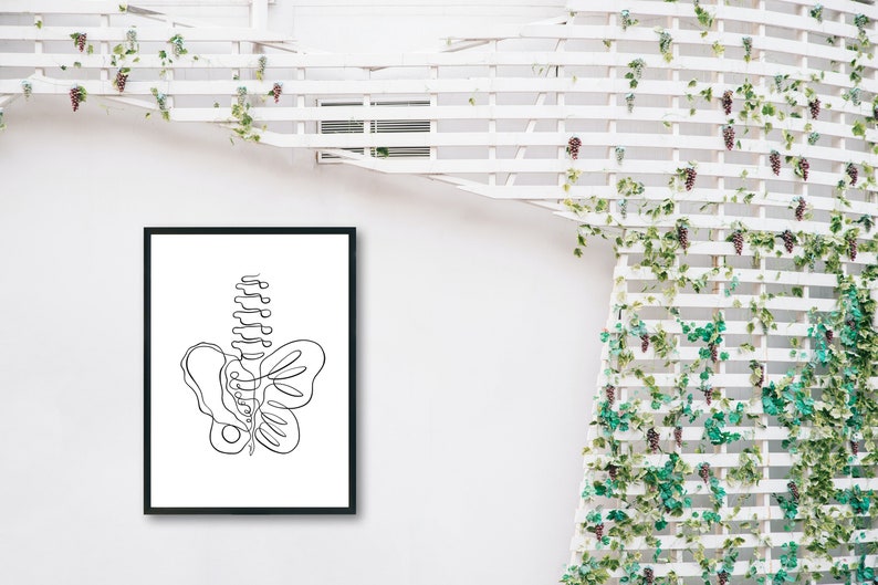 May include: A black framed print with a white background and a single line drawing of a butterfly with a spine in the center.