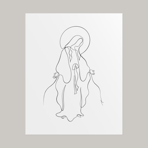 Virgin Mary Poster, Our Lady Of Grace Illustration, Modern Catholic Saints Print, Minimalist Religious Wall Decor, One Line Drawing Madonna