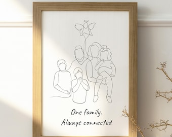 Ritratto di famiglia personalizzato per aborto spontaneo, disegno di famiglia con angelo, regalo di condoglianze commemorativo per neonato morto, arte per madre deceduta