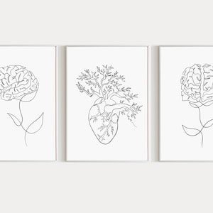 Heart And Brain Art Printable 3 Piece Wall Art Abstract Human Anatomy Poster Medical Artwork Brain Line Art Anamotical Brain Print