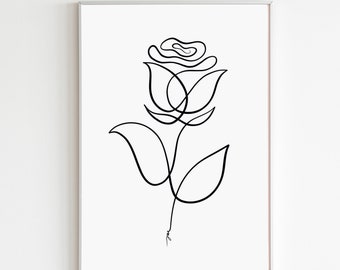 Rose Line Art Print, Rose Flower Art, Minimalist Single Line Art Drawing Rose, Botanical Wall Art, Floral Printable