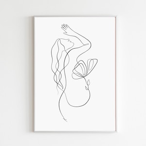 Minimalist Pregnancy Art Print, One Line Drawing Pregnant Woman, Single Stroke Female Figure Poster, Continuous Contour Expecting Silhouette
