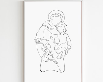 Puede incluir: Dibujo de línea de una madre y un niño, la madre sostiene al niño en sus brazos, y hay una flor en el fondo.