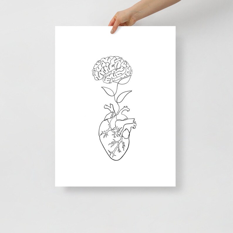 May include: A black and white line drawing of a brain growing from a heart. The brain is styled as a flower.