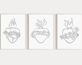 Holy Family Hearts Set of 3 Art Prints Sacred Heart of Jesus, Immaculate Heart of Mary, Chaste Heart of Joseph Catholic Line Art Modern
