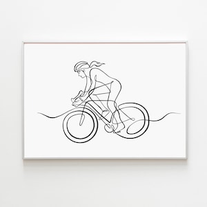 Cycling Art Print, Bicycle Line Art Printable, Female cyclist wall decor, Mountain biker gift for Cyclist, Bike lover gift for Christmas