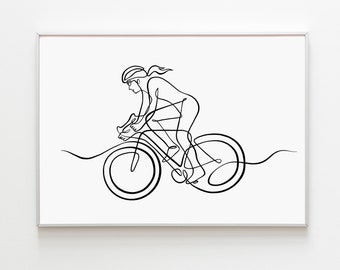 Cycling Art Print, Bicycle Line Art Printable, Female cyclist wall decor, Mountain biker gift for Cyclist, Bike lover gift for Christmas