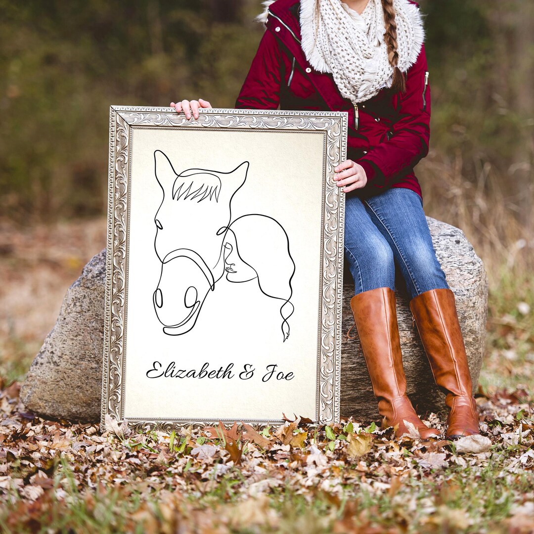 Personalized Horse and Female Rider Line Art Print, Custom Equestrian ...