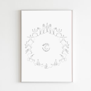 May include: A framed art print featuring a minimalist line drawing of yoga poses arranged in a circular pattern. The words "moon salutations" are written in a cursive font within the circle. The artwork is in black and white.