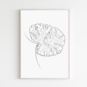 May include: A framed black and white line art print. The artwork depicts a stylized, organic shape with intricate, swirling lines, reminiscent of a plant or natural form. The print is set against a white background.