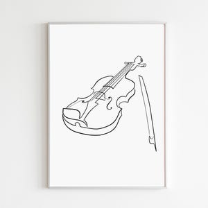 May include: A black and white line drawing of a violin and bow. The violin is depicted in a side profile, with its strings and curves clearly outlined. The bow rests against the instrument, completing the musical theme. The artwork is set against a white background.