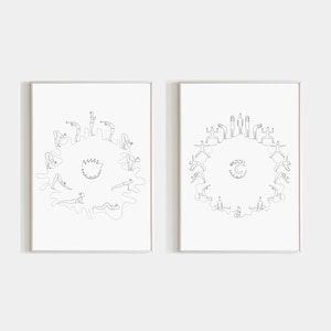 Sun And Moon Salutation Art Set Of 2 Prints, Yoga Pose Minimal Drawing, Continuous Line Illustration, Spiritual Wall Decor, Digital Download