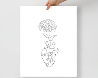 Impression d'art coeur et cerveau Poster coeur cerveau Psychologie Anatomie abstraite Art Affiches médicales Affiches de neurosciences