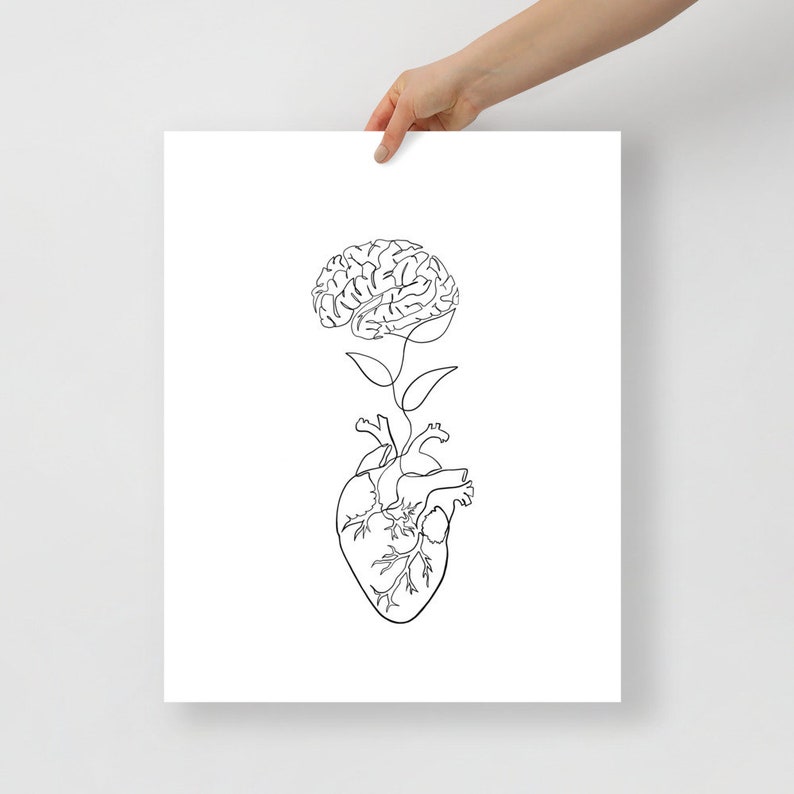May include: A black and white line drawing of a brain growing from a heart. The brain is styled as a flower with leaves.