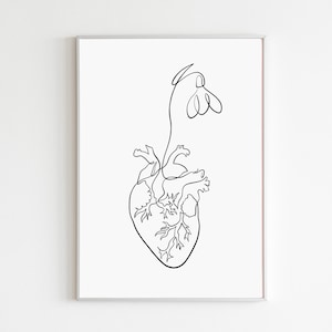 Könnte beinhalten: Eine Schwarzweiß-Linienzeichnung eines Herzens mit einer Blume, die oben herauswächst. Das Herz ist mit Kammern und Gefäßen detailliert dargestellt. Die Blume ist stilisiert und hat einen einzelnen Stiel.