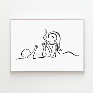 Arte de linha mãe e bebê para impressão, pôster de hora de tomar café, decoração de parede minimalista para o dia das mães, ideias para presentes para mães solteiras, sobrevivendo à maternidade