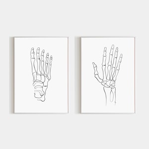 May include: Two framed prints featuring minimalist line art of human skeletal structures. One print depicts a foot, the other a hand. The black line drawings are set against a white background, creating a stark contrast.