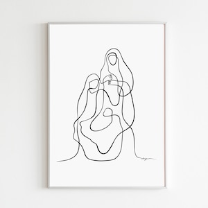 Minimalist Holy Family Print, Modern Nativity Scene Wall Art, Catholic Christmas Poster, Birth Of Jesus Line Drawing, Digital Download