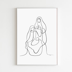 Nativity Scene Print, Holy Family Wall Art, Minimalist Nativity Line Art, Modern Nativity Scene, Mary and Joseph Christmas Decor