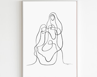 Minimalist Holy Family Print, Modern Nativity Scene Wall Art, Catholic Christmas Poster, Birth Of Jesus Line Drawing, Digital Download