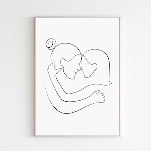 Impresión artística de madre e hija, regalo imprimible para el Día de la Madre, dibujo minimalista de madre, póster ilustrado para padres e hijos, regalos de cumpleaños para mamá