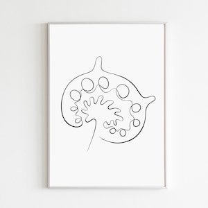 May include: A framed minimalist art print featuring a black line drawing on a white background. The artwork depicts an abstract shape with a central, hand-like form and a series of connected circles, creating a unique and modern design.