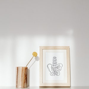 May include: A framed black and white line drawing of a butterfly with a spine in the center. The frame is light wood and is sitting on a white surface. A small vase with a dried yellow flower is to the left of the frame.