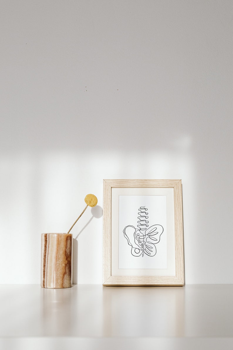 May include: A framed black and white line drawing of a butterfly with a spine in the center. The frame is light wood and is sitting on a white surface. A small vase with a dried yellow flower is to the left of the frame.