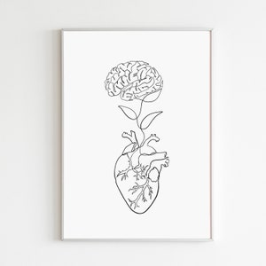Heart and brain art printable, Abstract brain heart art, Human anatomy art, Medical office decor