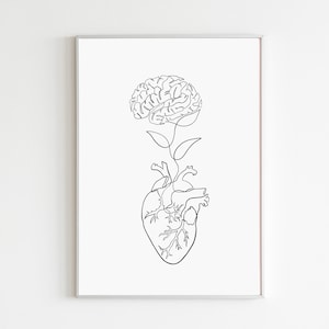 Heart and brain art printable, Brain heart art print, Abstract human anatomy art, Medical office decor, Brain Line Art Digital Download