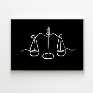 Puede incluir: Un dibujo en blanco y negro de una balanza de la justicia sobre un fondo negro.