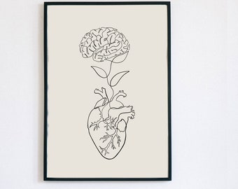 Puede incluir: Impresión en blanco y negro de un cerebro creciendo desde un corazón, realizada con líneas. La impresión está enmarcada en un marco negro y colgada en una pared blanca.