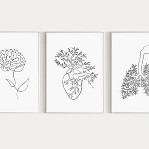 Brain Heart Lungs 3 Piece Wall Art, Human Anatomy Set of Three, Brain and Lungs Printable, Abstract Anatomy Art