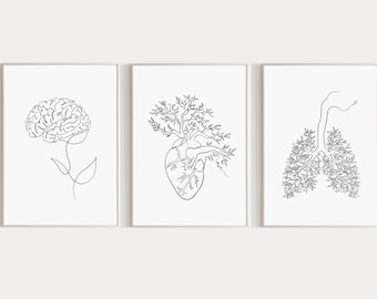 Brain Heart Lungs 3 Piece Wall Art, Human Anatomy Set of Three, Brain and Lungs Printable, Abstract Anatomy Art