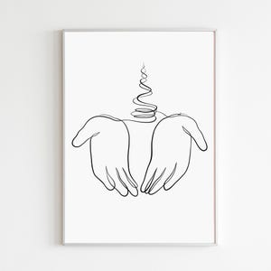 Puede incluir: Impresión artística minimalista en blanco y negro que representa dos manos abiertas con un diseño en espiral encima. La obra de arte está enmarcada en un marco simple y neutro. Ideal para la decoración moderna del hogar.