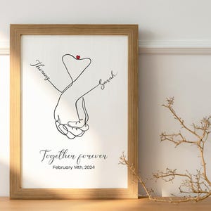 Coppia di arte murale personalizzata, fidanzamento con disegno di una linea sulle mani, regalo di San Valentino minimalista per il suo fidanzato, stampa personalizzata per la fidanzata