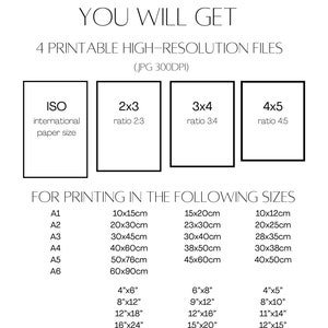 May include: A printable digital download for creating wall art prints in four different aspect ratios: ISO, 2x3, 3x4, and 4x5. The image shows the different aspect ratios and lists the international paper sizes and corresponding dimensions in inches and centimeters.