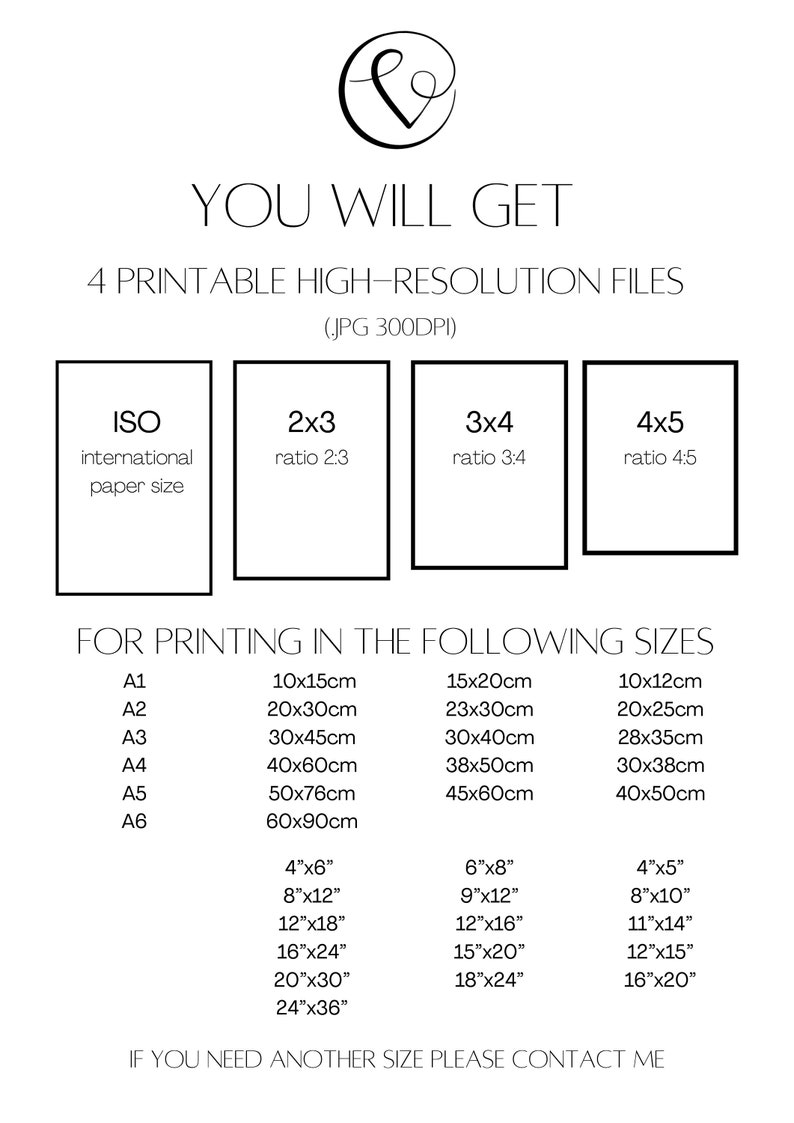 May include: A printable digital download for creating wall art prints in four different aspect ratios: ISO, 2x3, 3x4, and 4x5. The image shows the different aspect ratios and lists the international paper sizes and corresponding dimensions in inches and centimeters.