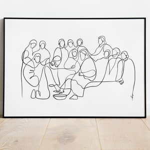 May include: Black framed art print featuring a minimalist line drawing of a group of people. The artwork depicts figures in a continuous line, with a focus on a central scene of foot washing. The style is simple and elegant, suitable for modern decor.